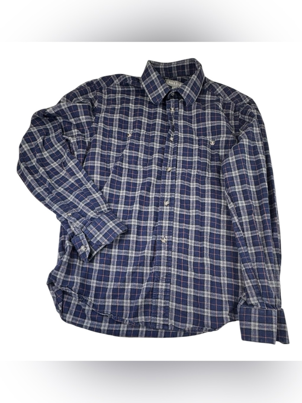 ASH & ERIE Shirt Men's Small Slim Navy/White Cotton Light Flannel Plaid Pocket